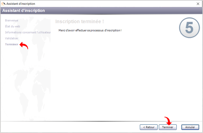 Section Terminer dans l'Assistant d'inscription IHTP
