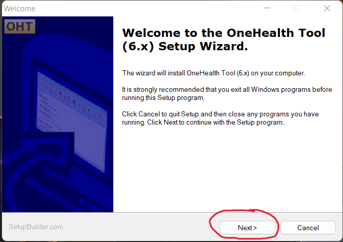 Welcome window when installing OneHealth Tool (OHT)