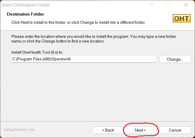 OneHealth Tool - Choose the installation folder