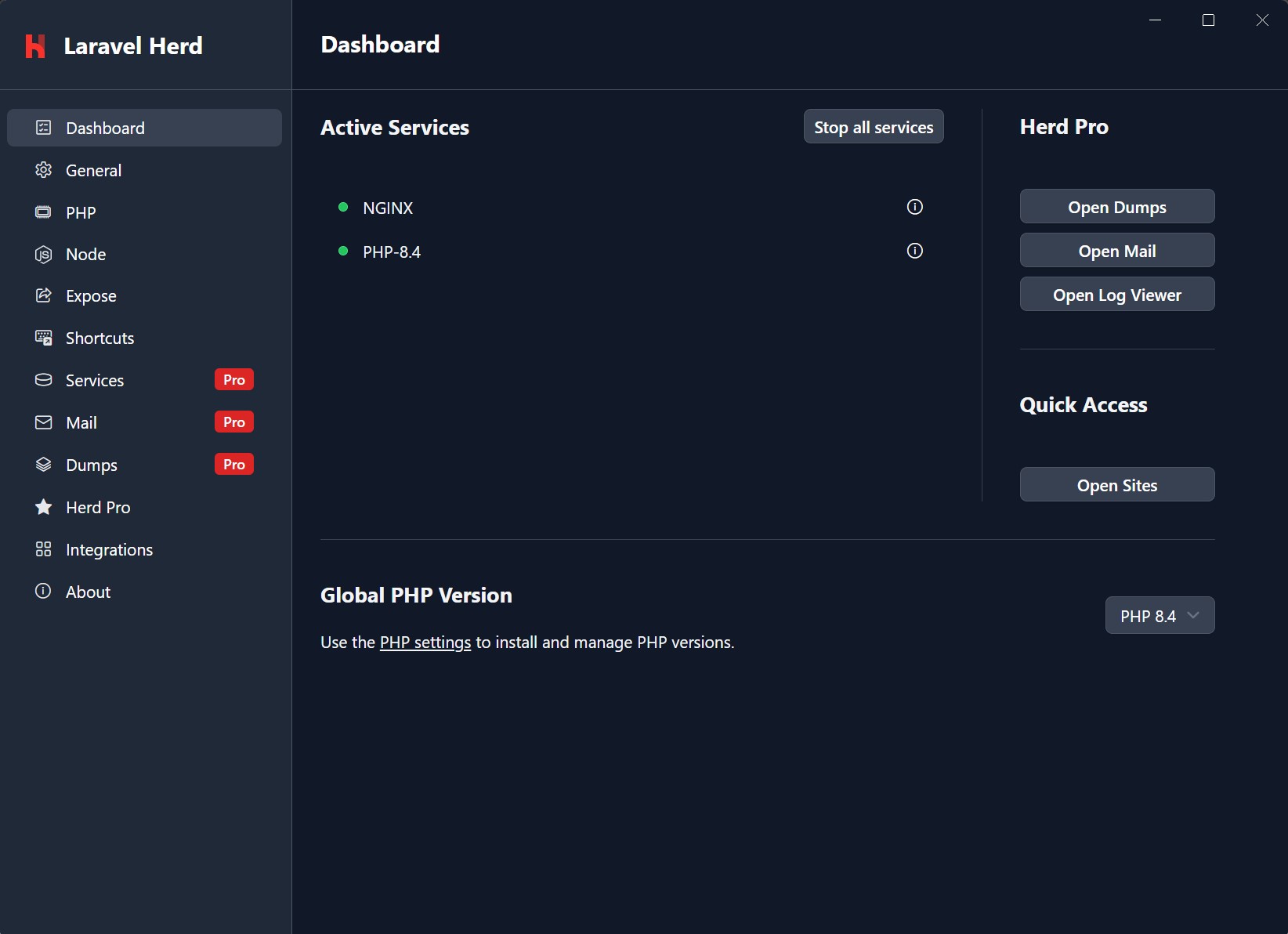 Laravel Herd dashboard