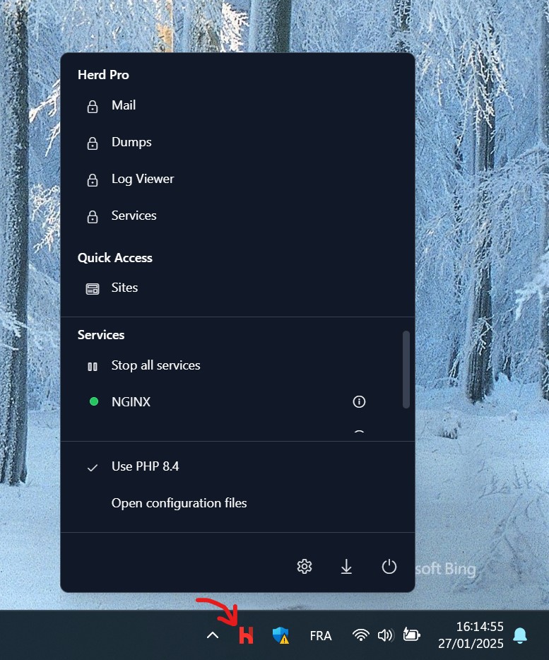 Laravel Herd in the notification area