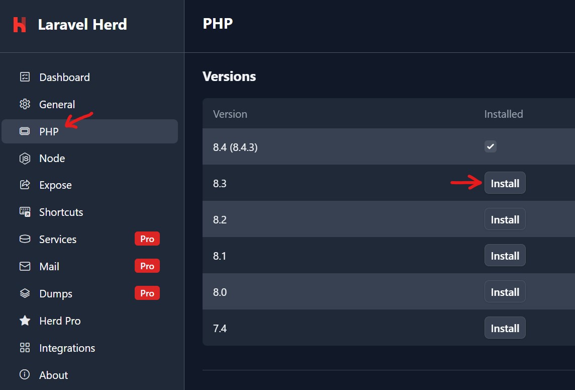 Installing PHP in Laravel Herd