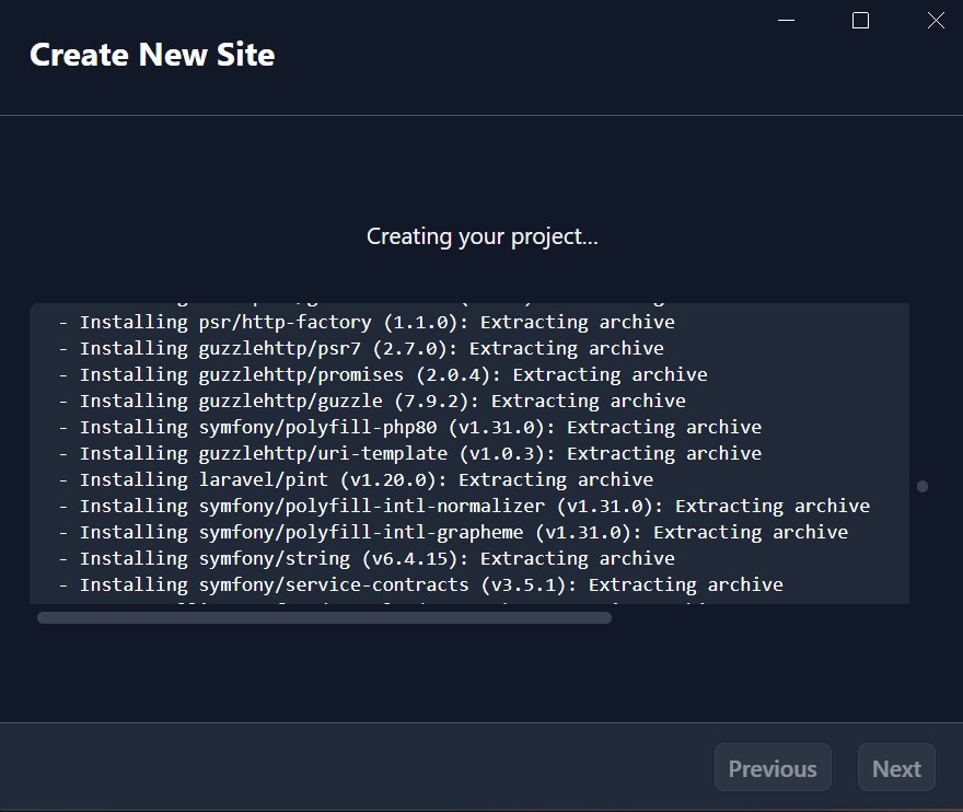 Progress of the creation of a new Laravel project in Herd
