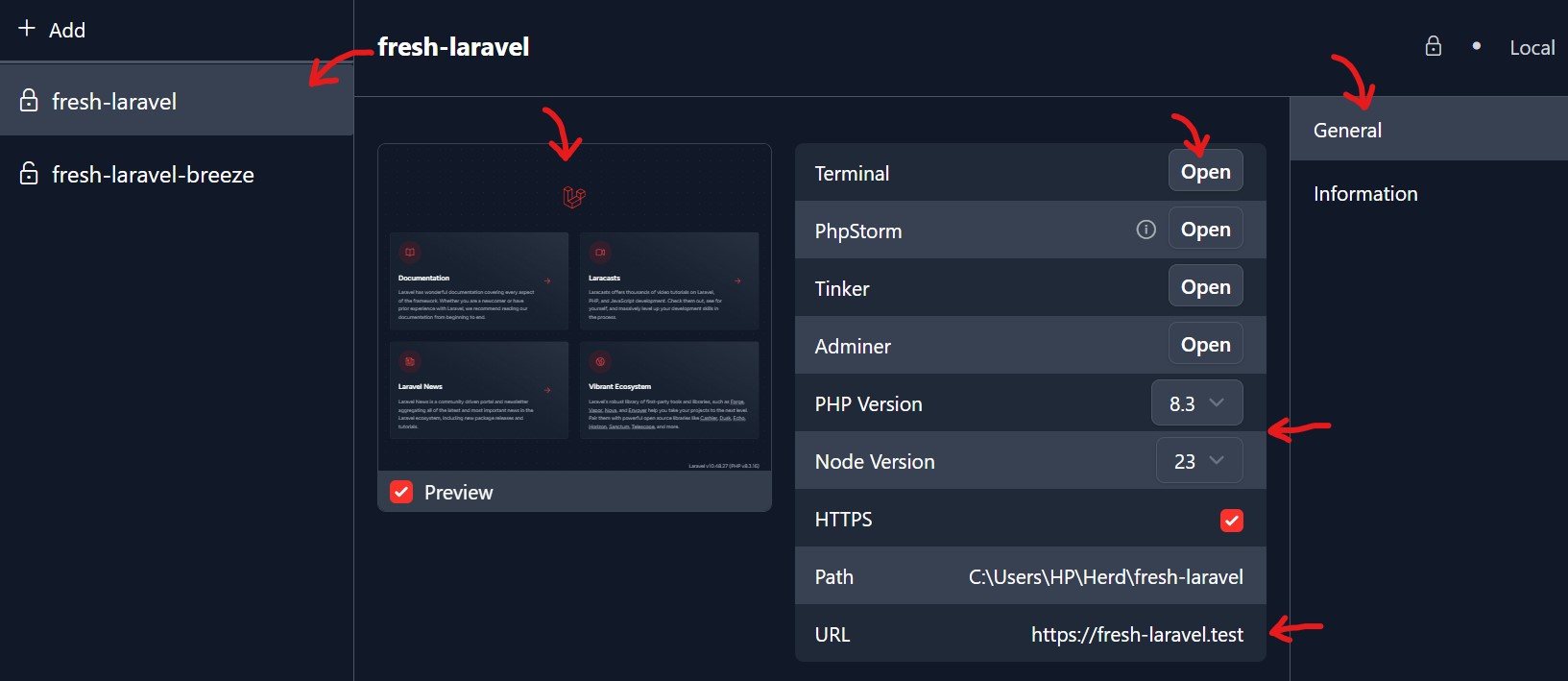 General menu for a Laravel app in Herd