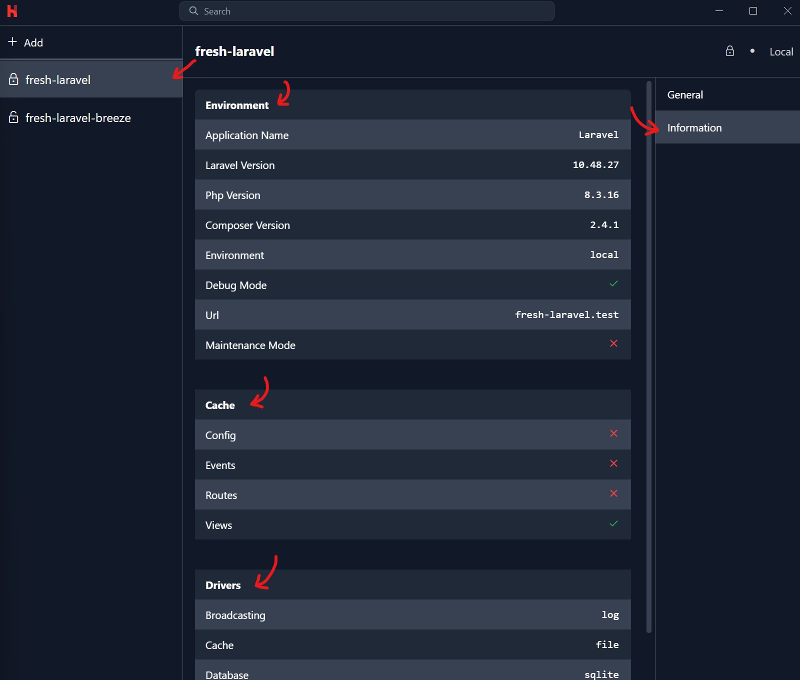 Information menu of a Laravel Herd app