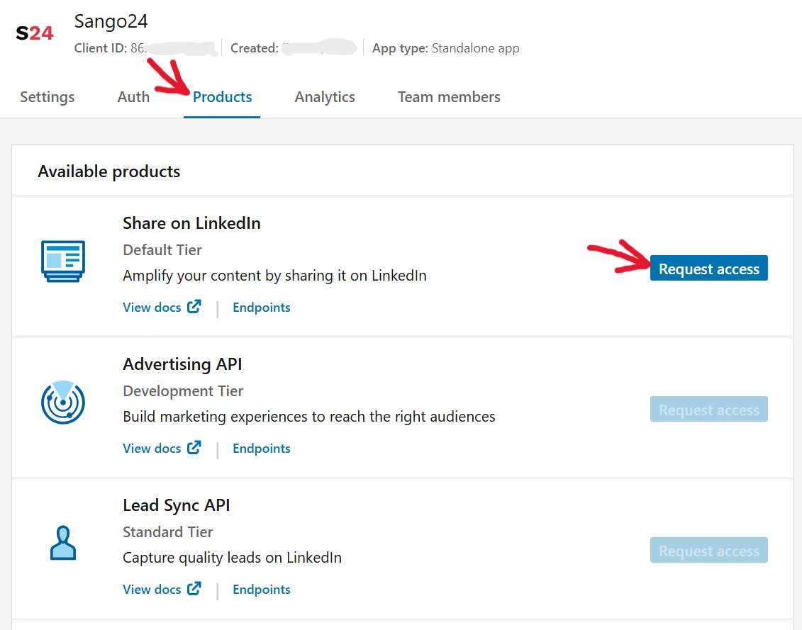 Ajouter un produit &agrave; une app dans LinkedIn API