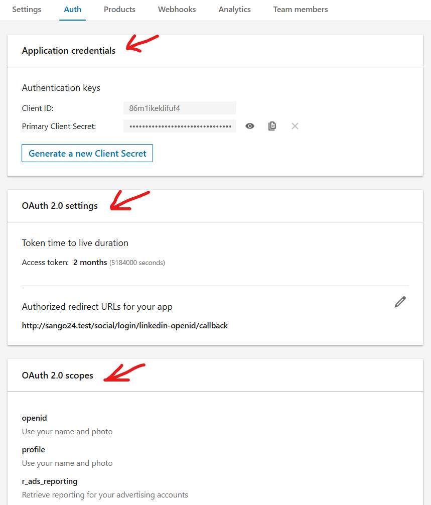 Onglet Auth d'une app LinkedIn API