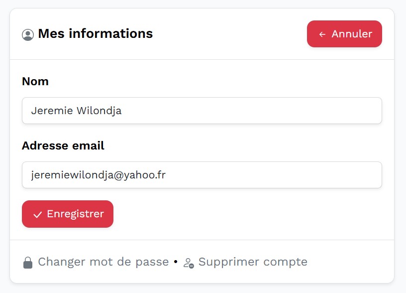 Section Gérer informations de l'utilisateur dans Sango24