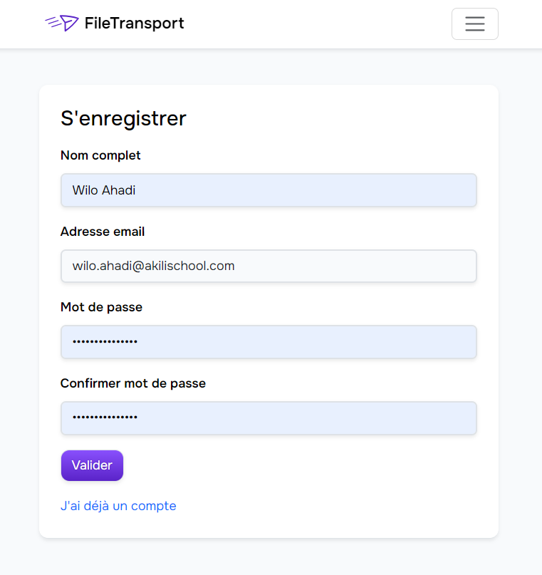 Compléter le formulaire S'enregistrer dans FileTransport