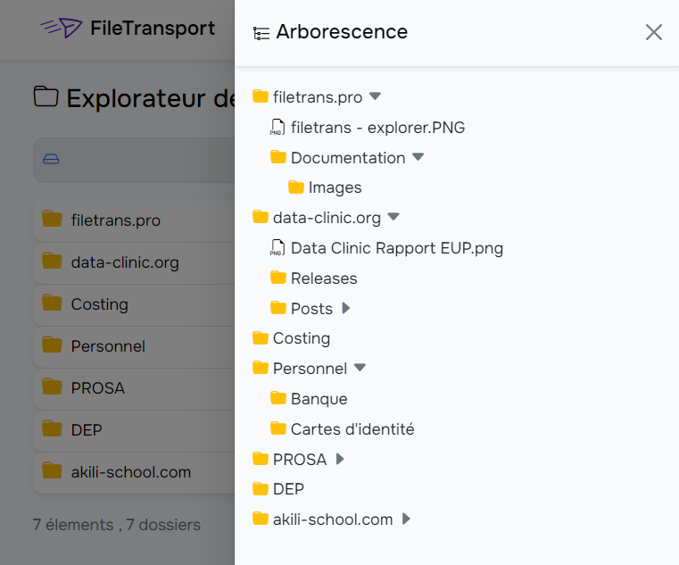 Aperçu du menu Arborescence dans FileTransport
